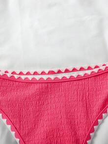 SHEIN 两件套条纹露背系带比基尼套装，性感泳衣，适合少女，夏季海滩度假；两件套纯色提花荷叶边系带比基尼套装，粉色，夏季 - 珊瑚粉 - 查看 6