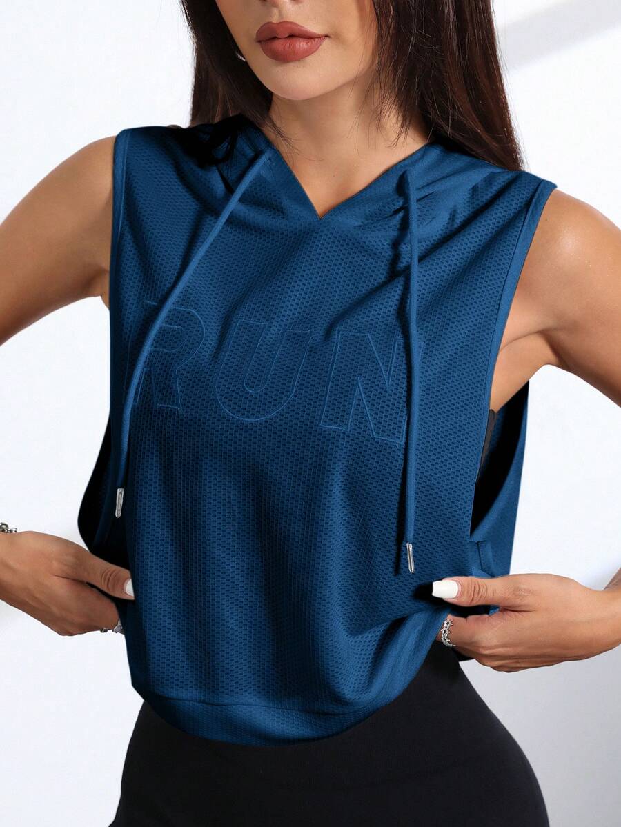 SHEIN Sovereign Charm Sudadera con capucha con cordón y bordado de letras para mujer - Azul Marino - Ver 1