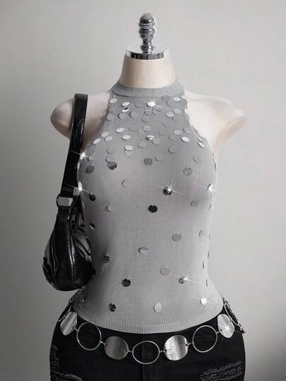 SHEIN ICON Women's Plus Size Spring/Summer Retro Sexy Millennial Style Y2K Street Fashion Bold Avant-Garde Urban Modern Gray Halter Neck Sequined Slim Fit Knit Top