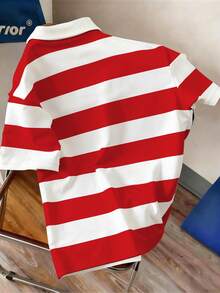 Manfinity Joysei Men's Striped & Letter Print Short Sleeve Polo Shirt - Red and White - View 2