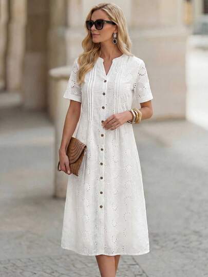 Miaspire White Eyelet Embroidery V Neck Button Down Shift Dress Elegant Casual Summer Beach Vacation Outfit White Dress White Top Eyelet Dress Embroidery Dress Casual Dresses For Women Elegant Dresses For Women Summer Dresses For Women Beach Dresses For Women Vacation Dresses For Women,Summer Dress