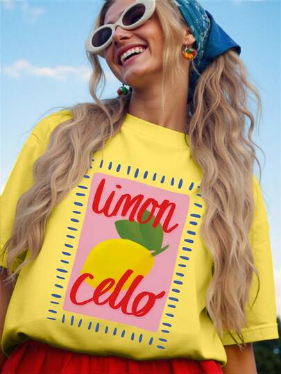 DrmWander Italian Fresh Lemon Liqueur Slogan Style Printed Casual Plus Size T-Shirt
