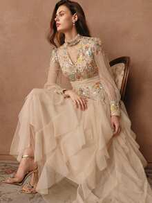 Anewsta Women's Elegant Beige Summer Wedding Guest Embroidered Dress,Long Sleeve Patchwork Pleated Mesh Long Formal Gown For Spring,Vacation,Festival,Party - Multicolor - View 7