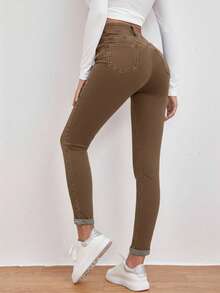 SHEIN Frenchy 高腰斜插口袋修身黑色牛仔裤 - 棕色 - 查看 2