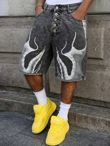 Manfinity EMRG Men's Button Front Pocket Loose Casual Denim Capri Pants - Dark Grey - View 5