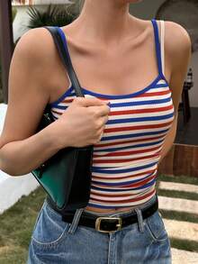 DAZY 休闲度假风彩色条纹无袖上衣，波西米亚海滩街头时尚女式背心，春夏款 - 藏蓝色 - 查看 7