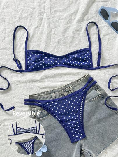 Swim Mod Women's Vintage Polka Dot & Striped Print Reversible Bikini Set, Fashionable Casual Beach Swimwear, Sexy Sweet Retro Elegant