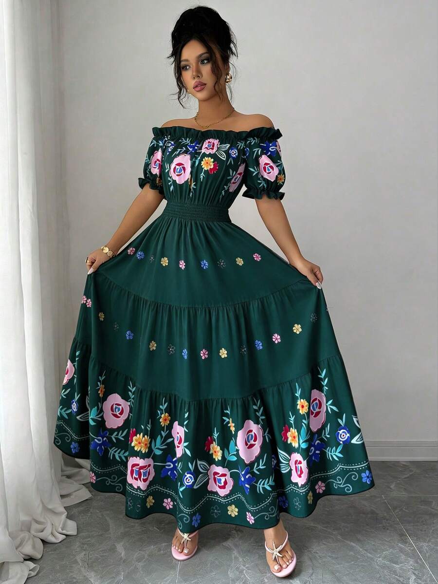 Modelyn 女士露肩花瓣袖印花收腰A字浪漫优雅休闲夏季连衣裙 - 綠色 - 查看 1