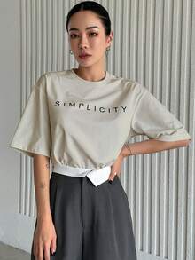 DAZY 女士夏季字母印花宽松圆领短袖T恤 - 淺灰色 - 查看 4