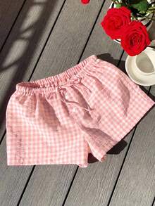 Comfortcana 2026春夏新款时尚女式休闲粉色格子棉麻短裤，新年 - 粉色 - 查看 6