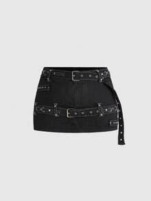 ROMWE Grunge Punk Y2K复古朋克铆钉腰带设计加大码女式迷你牛仔裙 - 黑色 - 查看 1