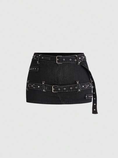 ROMWE Grunge Punk Y2K复古朋克铆钉腰带设计加大码女式迷你牛仔裙