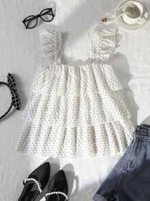 Áo sơ mi chấm bi trắng kiểu dáng thường ngày cho bé gái, chất liệu mềm mại và thời trang, đa năng cho kỳ nghỉ hè, du lịch, đi học và mặc hàng ngày. - trắng - Xem 1