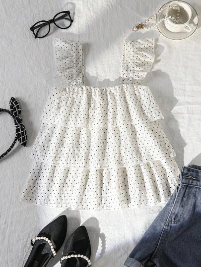 Girls' Casual White Polka Dot Blouse, Soft & Fashionable Design, Versatile For Summer Vacation, Travel, School And Daily Wear