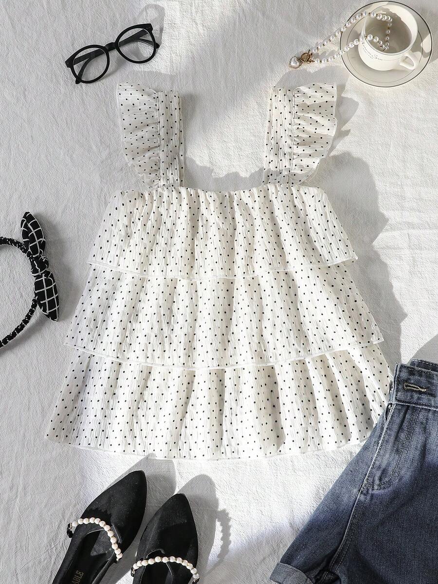 Áo sơ mi chấm bi trắng kiểu dáng thường ngày cho bé gái, chất liệu mềm mại và thời trang, đa năng cho kỳ nghỉ hè, du lịch, đi học và mặc hàng ngày. - trắng - Xem 1