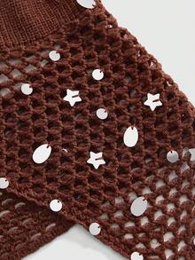 ROMWE Avant Áo thun nữ kiểu retro gợi cảm, cổ yếm, xẻ sâu, đính sequin thủ công, vạt áo bất đối xứng, chất liệu dệt kim. - màu nâu - Xem 3