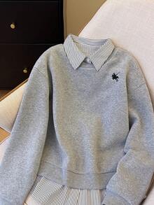 Resyla 大码女式二合一拼接骑士印花休闲百搭日常卫衣 - 灰色 - 查看 4