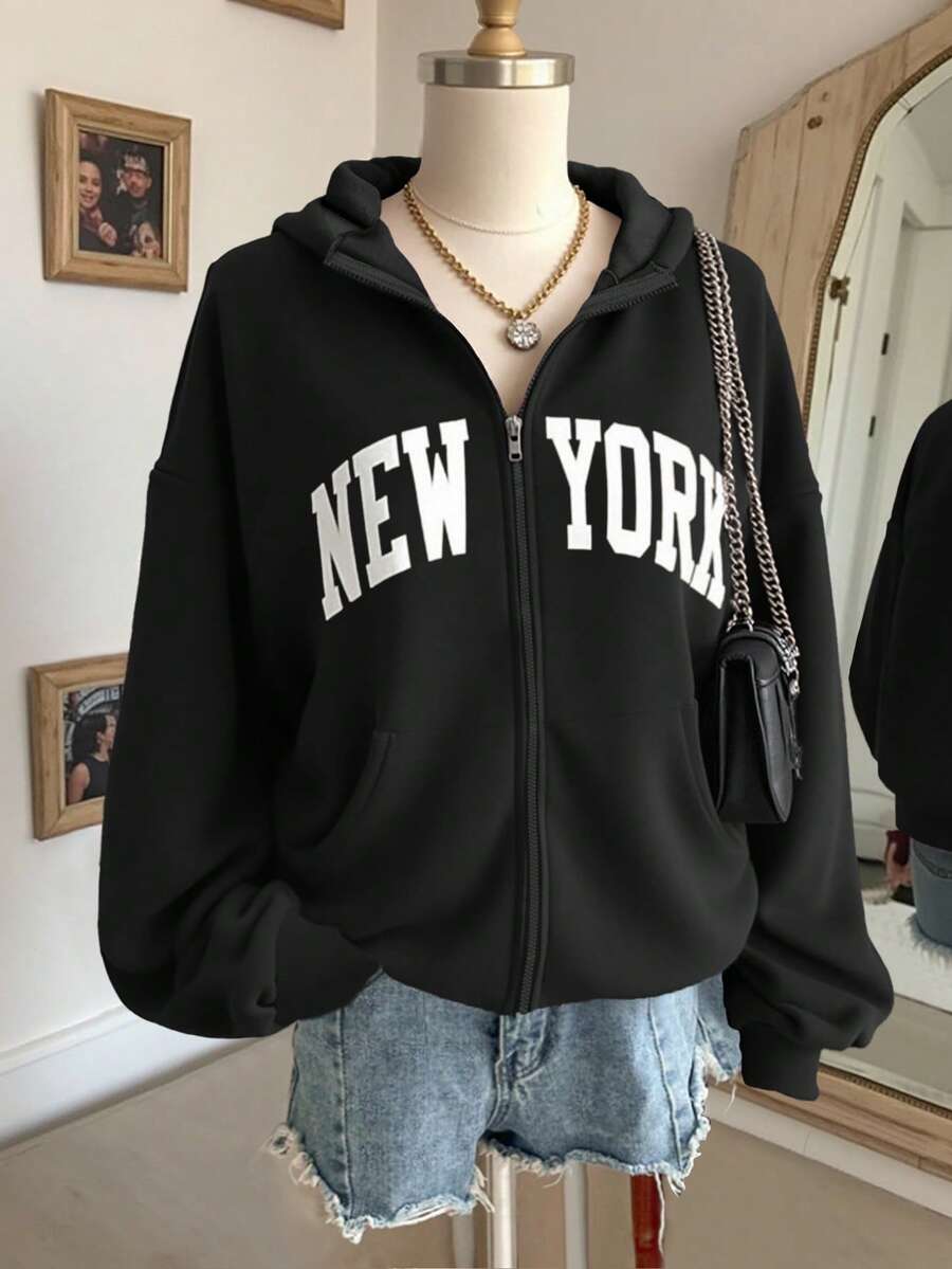 Lalippa 女士字母印花落肩长袖拉链休闲卫衣，秋冬款 - 黑色 - 查看 1