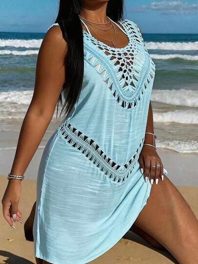 Swim Vcay سترة كروشيه مرقعة بالكروشيه ذات رقبة مستديرة بلون أحادي للنساء ذوات الحجم الكبير، غطاء بوهيمي كاجوال للشاطئ وبيكيني للصيف