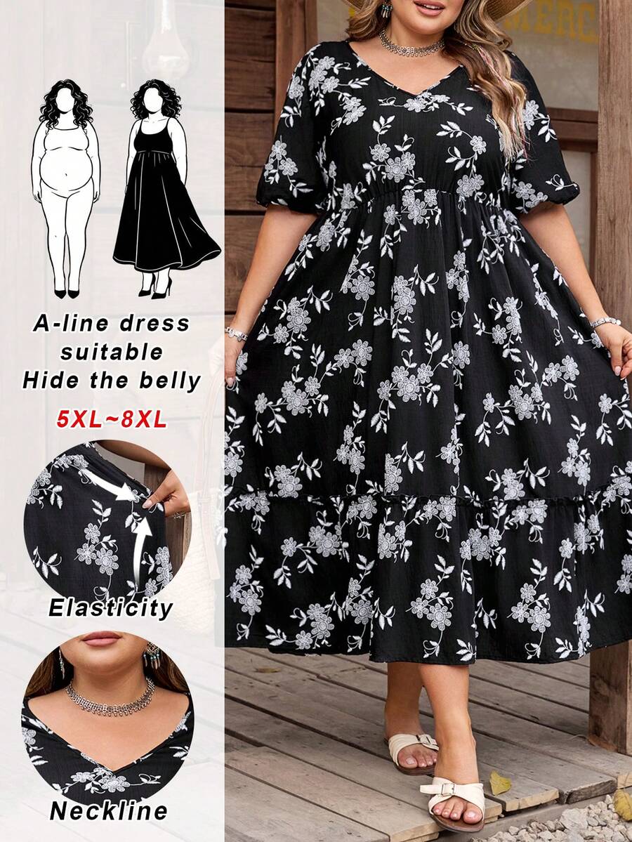 SHEIN CURVE+ Đầm dự tiệc dành cho nữ, cỡ US22, chất liệu vải thêu họa tiết cây cỏ, phong cách Bohemia, chất liệu bền chắc, thích hợp cho lễ hội âm nhạc, kỳ nghỉ biển.