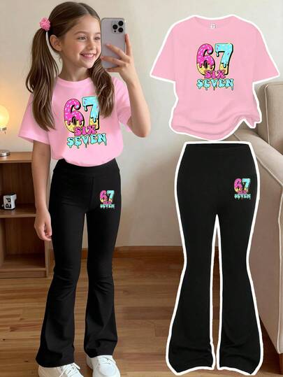 Sparklyn 2 sztuki/zestaw: dziewczęcy, modny, z okrągłym dekoltem, krótkim rękawem i rozkloszowanymi spodniami, zabawny wzór 67, wygodny strój na wiosnę/lato, odpowiedni na co dzień, zajęcia na świeżym powietrzu, do szkoły, na imprezę, na prezent, na każdą porę roku dla dużych dziewczynek