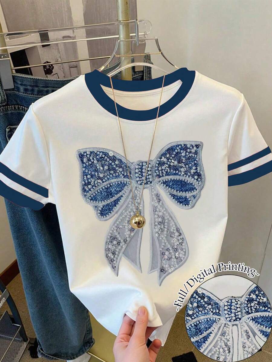 少女闪亮蓝白蝴蝶结图案短袖T恤 - 彩色 - 查看 1