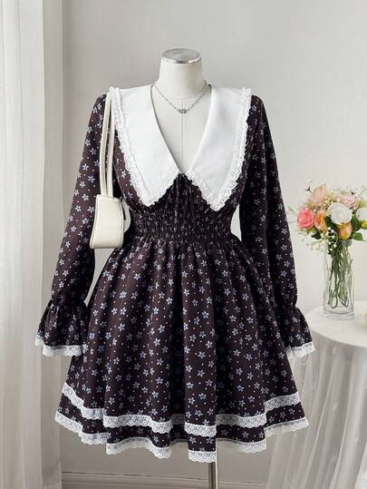 Sweetra Spring, Summer, Fall Elegant Vacation French Retro Floral Patchwork Lace Trim Tea Length V-Neck Puff Sleeve Waist Cinched A-Line Dress, Women Double Layer Ruffle Skirt Short Dress For Party