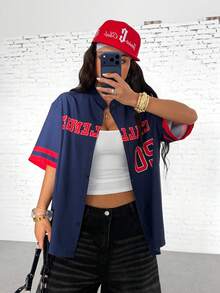 StreetHx 女士街头运动棒球衫，宽松版型 - 藍色 - 查看 4