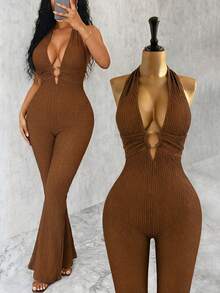 Eryvara Women's Round Ring Connected Halter Jumpsuit, Knitted Crinkle Fabric - Coffee Brown - View 1