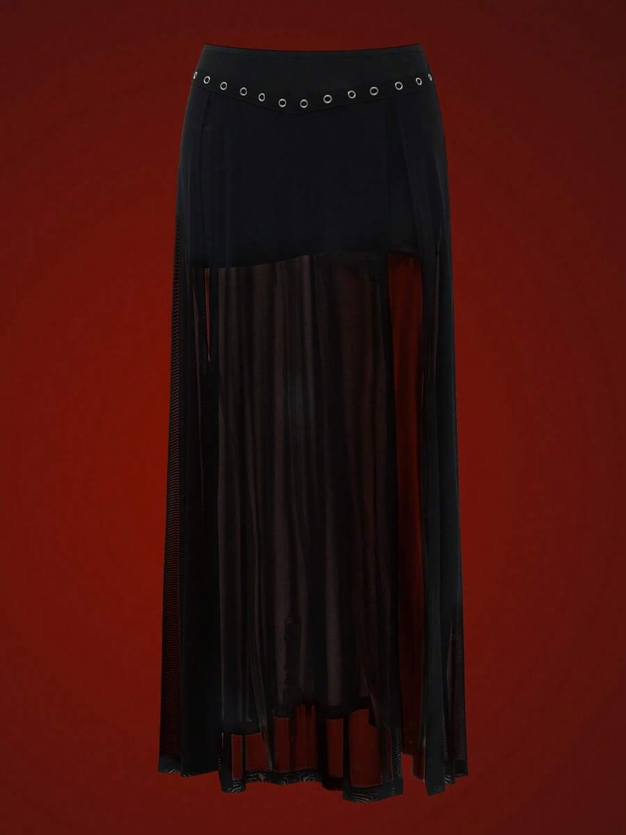 Glisette Falda ajustada con abertura sexy, estilo gótico oscuro, con malla de telaraña de ojo de pollo para mujeres - Negro - Ver 1