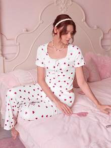 Bonmuse Women's Casual Heart Print Square Neck Tight Top And Flare Pants Pajama Set Cute Lounge Set Summer Lounge Sets Women Women Lounge Sets Heart Pajama Set Pajama Sets For Women Women Lounge Sets - Multicolor - View 7