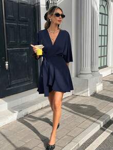 Serisse Đầm ngắn nữ màu trơn, cổ chữ V, trang trí kim loại, thời trang, thích hợp cho hẹn hò và dự tiệc. - Màu xanh hải quân - Xem 5