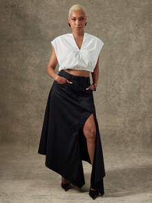 Vixey Solid Woven Asymmetrical Draped Panel Midi Skirt - Black - View 3