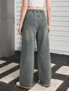 SHEIN Quần jeans rách kiểu vintage Y2K cho bé gái, quần ống đứng rộng rãi thoải mái, cạp chun co giãn, màu xanh nhạt, phù hợp cho mọi mùa, chất liệu thoải mái. - Rửa trung bình - Xem 3