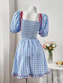 Sweetra Plus Size Summer Countryside Style Waist Cinching Sweet Floral Patchwork Square Neck Bow Tie Short Sleeve Dress - Blue and White - View 2