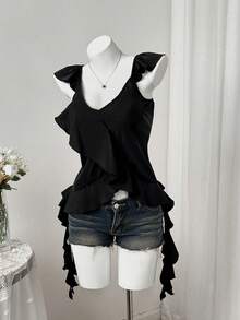Sweetra Black V-Neck Asymmetric Ruffle Hem Camisole Top, Chic Fashion Versatile Summer Wear - Black - View 5
