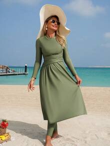 Swim Shayni 优雅收腰长袖度假泳衣套装，包含泳裤 - 軍綠色 - 查看 3