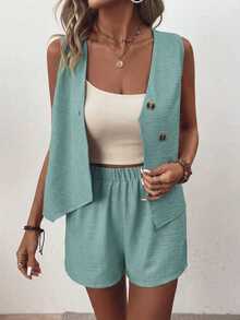 EMERY ROSE Women's Solid Color Single-Breasted Vest And Shorts Casual 2 Pieces Set - Teal Blue - View 3