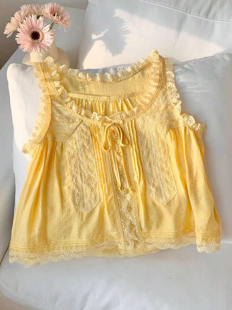 Comfortcana Lace Patchwork Sleeveless Blouse, Yellow Woven Loose Casual Vacation Shirt, Spring/Summer Yellow Top Ruffle Blouse For Women Casual Blouse For Women Vacation Blouse For Women Country Blouse For Women Free Blouse For Women Beach Outfits For Women Festival Outfits For Women Spring Clothing Summer Clothes Spring Outfit Summer Clothes Summer Outfits,Summer Top - Yellow - View 1