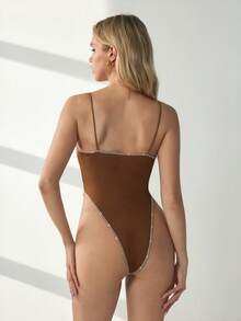 HautHeat Women's Contrast Lace Bow Decor Polka Dot Pattern Camisole Jumpsuit Sleepwear - Coffee Brown - View 2