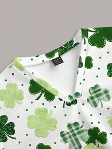 PopScrub Women's Lucky Clover Print Scrub Uniform Top - Multicolor - View 3