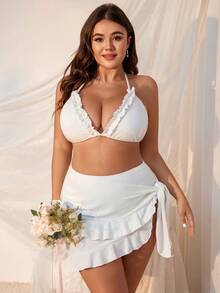 Swim Mod Summer Beach Women's Plus Size White Halter Neck, Spaghetti Strap, Lace Trim Bikini Set 3 Pieces Set - White - View 7
