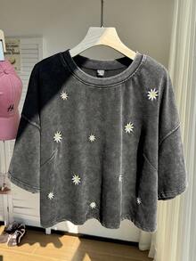 Comfortcana Camiseta de algodón de manga corta talla grande, diseño de copos de nieve lavados, primavera - Negro - Ver 5