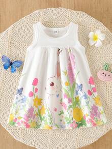 SHEIN Playful Pals Baby Girls' Cute Rabbit & Floral Print Sleeveless Dress, Spring/Summer - White - View 3
