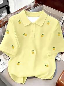 Resyla Áo thun nữ kiểu Pháp in hình chanh, họa tiết hoa chanh thêu giả, cổ tròn, in kỹ thuật số toàn thân. - Nhiều màu - Xem 4