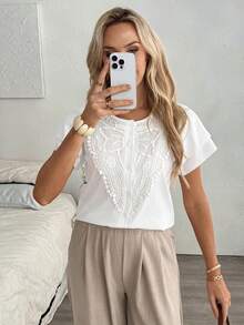 Louniche Women's Solid Color Round Neck Short Sleeve Minimalist Blouse White Elegant Top Lace White Top Tops For Women Elegant White Boho Top Blouse Summer Lace Blouses For Women White Lace Top White Tops For Women Elegant White Blouse Women's White Top Working Blouse Women's Blouse Women's Tops And Blouses - White - View 6