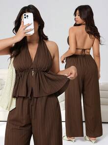 SHEIN EZwear Bộ đồ 2 mảnh cỡ lớn, màu trơn, kiểu áo yếm hở lưng và quần. - màu nâu - Xem 1
