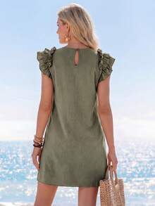 Sylviya 节日编织纯色荷叶边装饰女式连衣裙 - 軍綠色 - 查看 2