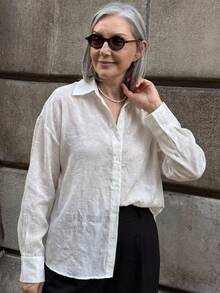 DAZY Women's Solid Color Loose Textured Long Sleeve Turndown Collar Casual Resort Blouse, Spring/Autumn School - White - View 4