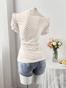 Sweetra 加大码女式杏色复古浪漫休闲学院风波点多功能开襟衬衫，时尚灯笼袖外套，常规款衬衫，适合日常外出和返校季，夏季适合返校季日常外出，适合日常穿着、办公室、度假、生日派对、音乐节、情人节、春夏女装+科切拉音乐节/派对，是度假的理想之选 - 彩色 - 查看 2